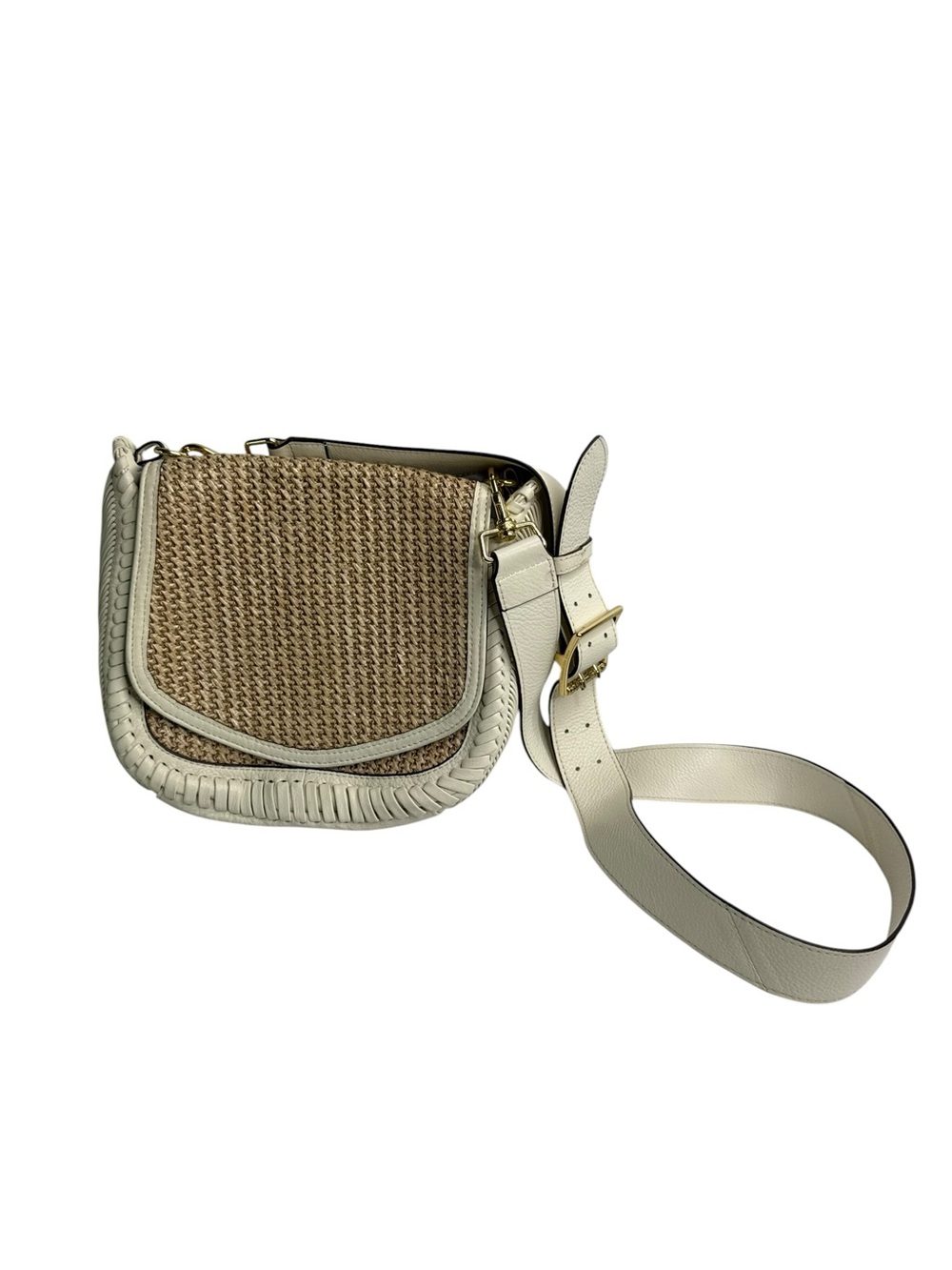 Aimee Kestenberg All For Love Saddle Cream Leather Woven Raffia Flap Crossbody